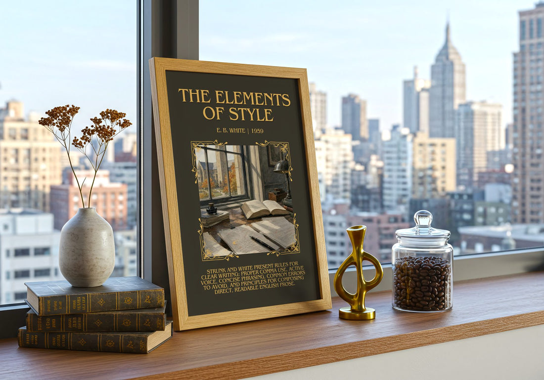 The Elements Of Style Minimalist Book Poster by E. B. White – framed print on a city-view windowsill