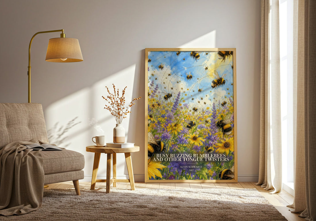 Busy Buzzing Bumblebees And Other Tongue Twisters watercolour print in frame leaning in hallway – childrens wall art (mockup)