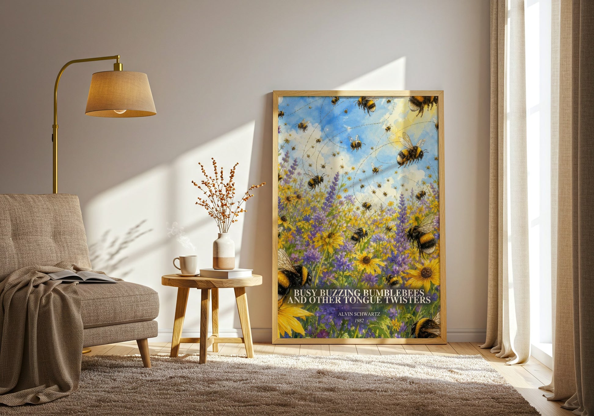 Busy Buzzing Bumblebees And Other Tongue Twisters watercolour print in frame leaning in hallway – childrens wall art