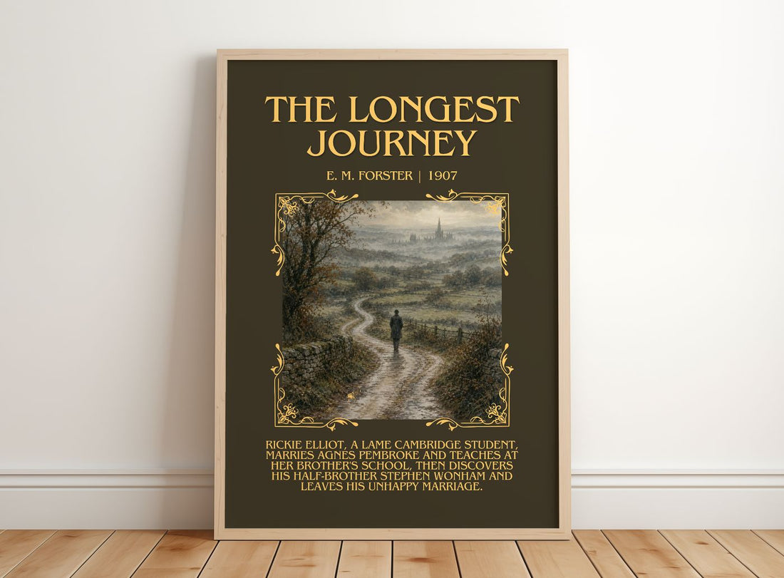 The Longest Journey Minimalist Book Poster by E. M. Forster – framed print leaning on a wooden floor