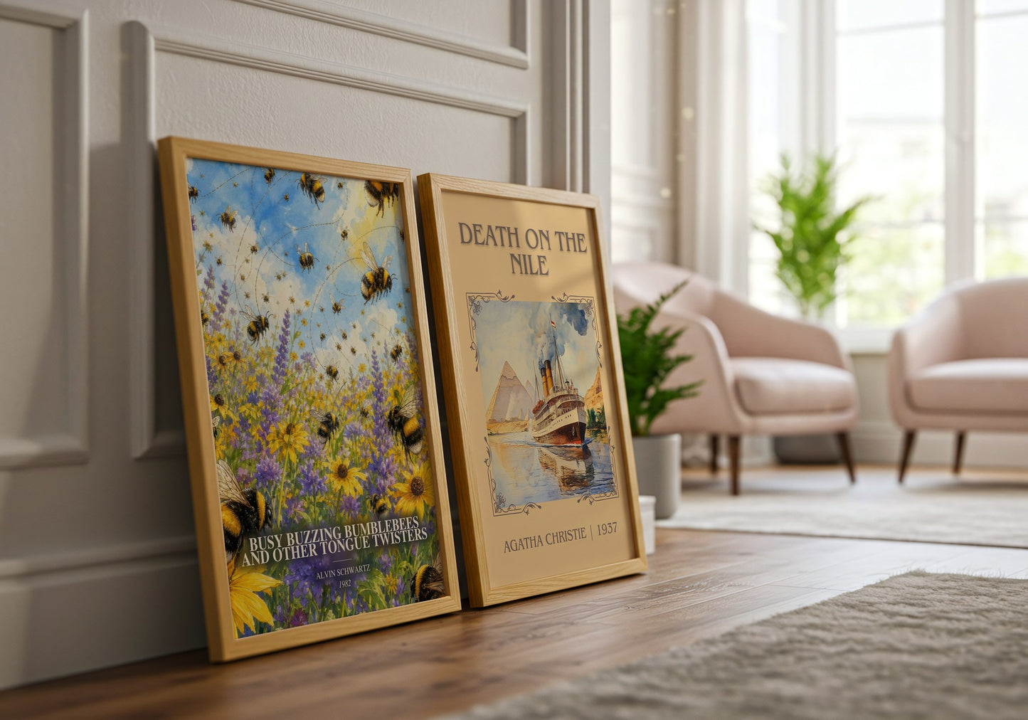 Busy Buzzing Bumblebees And Other Tongue Twisters watercolour print framed by window – literary home decor