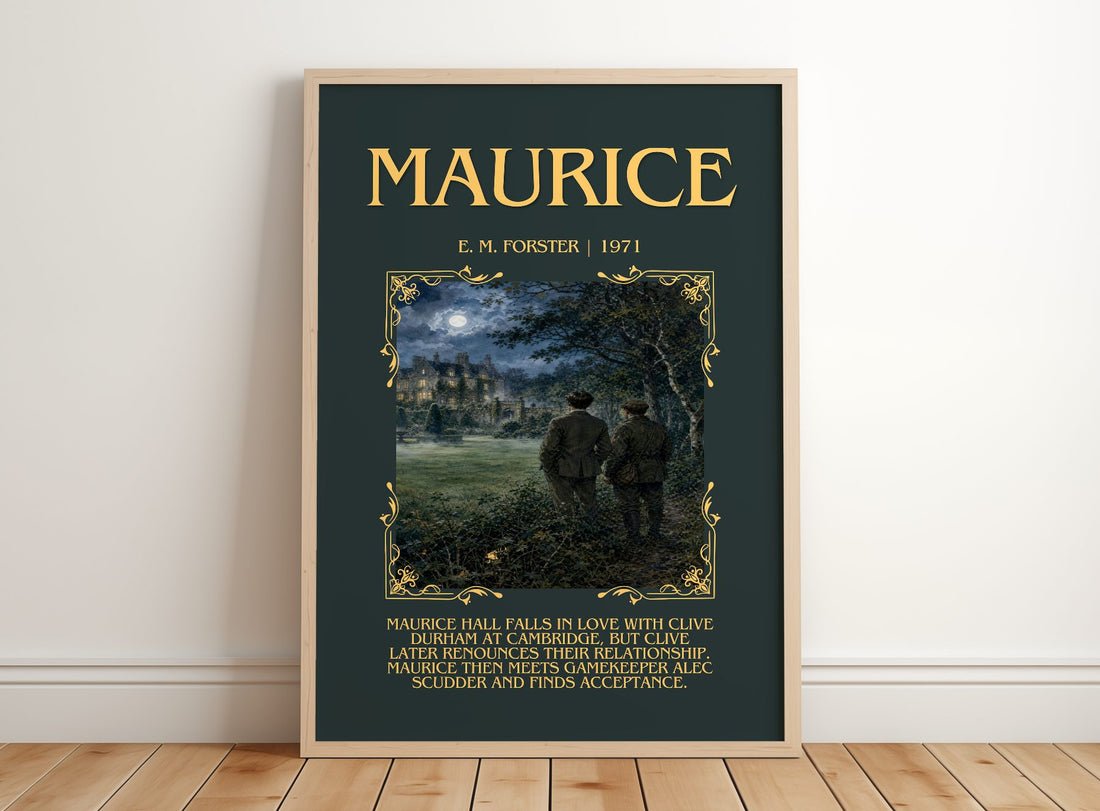 Maurice Minimalist Book Poster by E. M. Forster – framed print leaning on a wooden floor