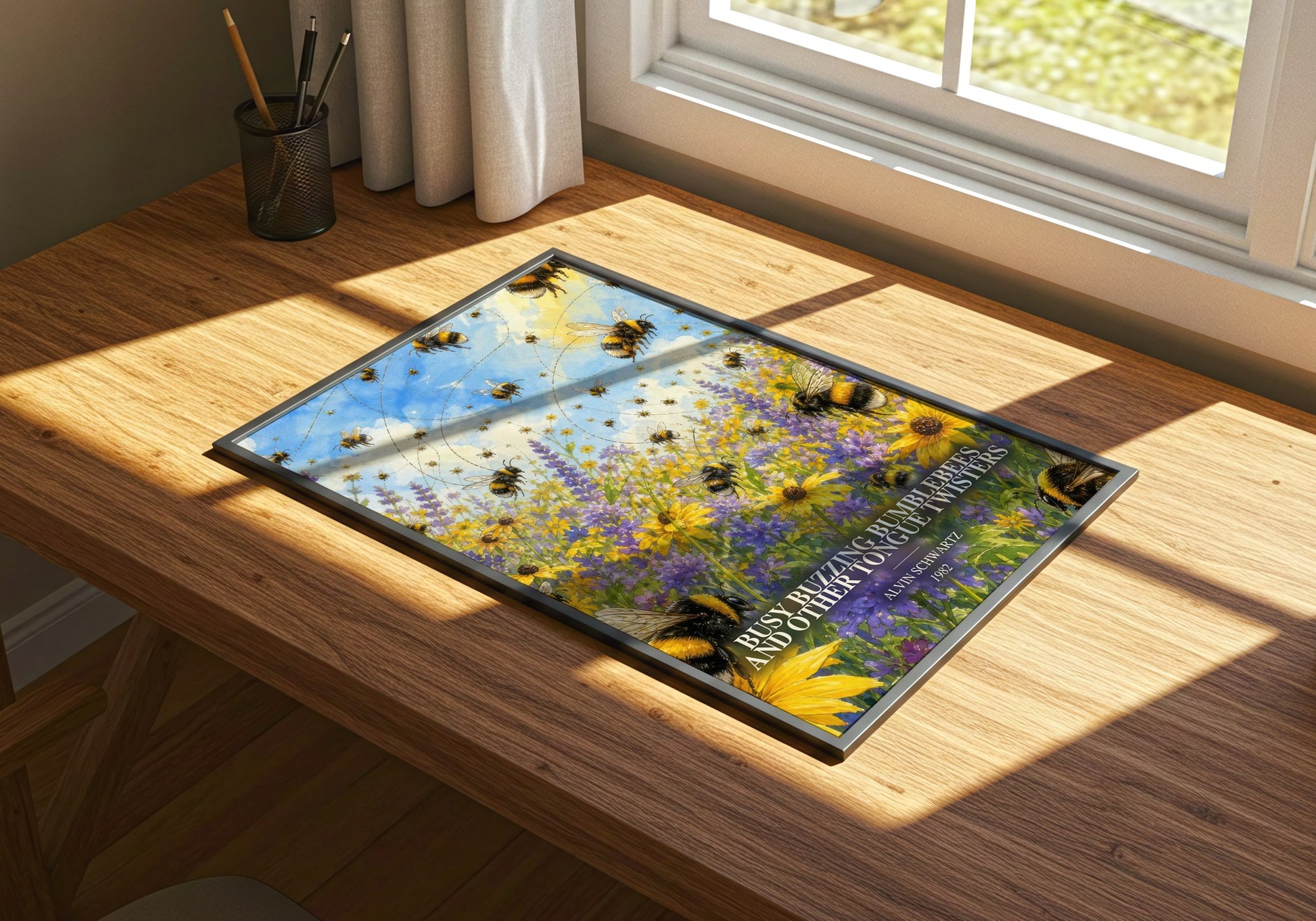 Busy Buzzing Bumblebees And Other Tongue Twisters watercolour book poster framed on wall – childrens wall art