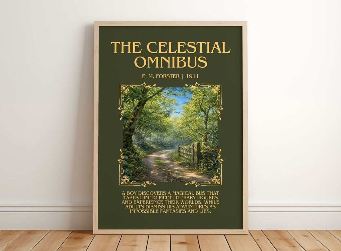The Celestial Omnibus Minimalist Book Poster by E. M. Forster – framed print leaning on a wooden floor