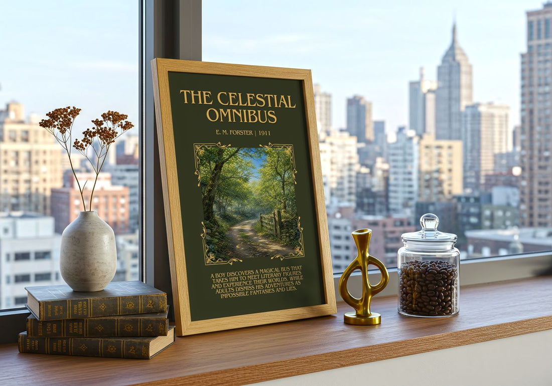 The Celestial Omnibus Minimalist Book Poster by E. M. Forster – framed print on a city-view windowsill