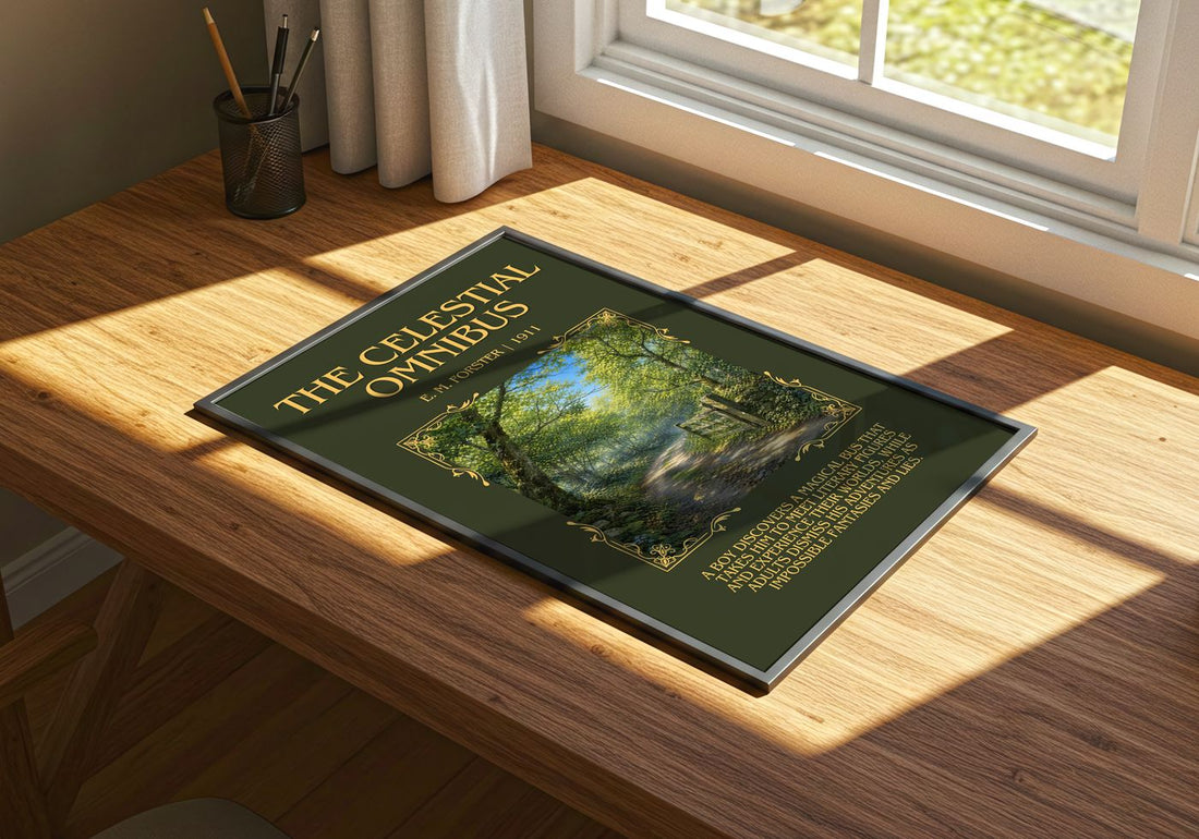 The Celestial Omnibus Minimalist Book Poster by E. M. Forster – print on a sunlit desk