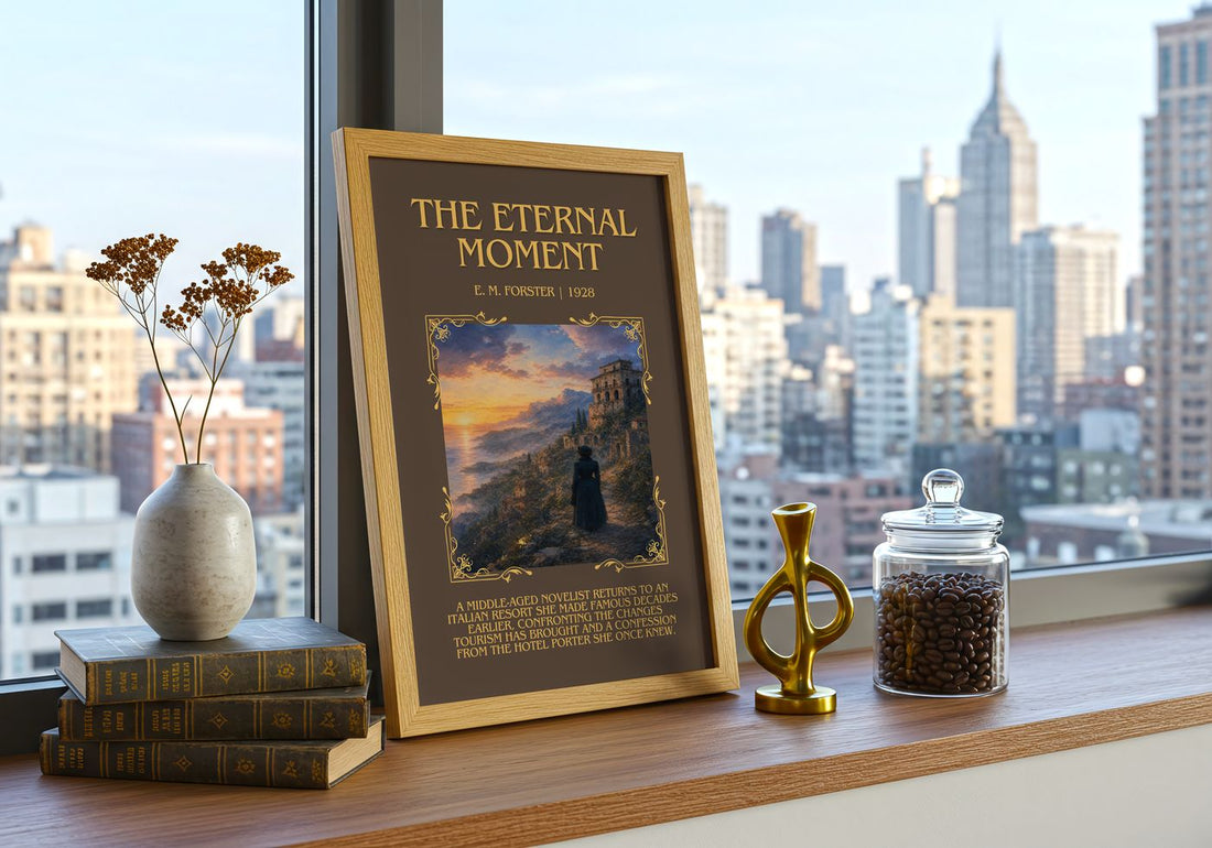The Eternal Moment Minimalist Book Poster by E. M. Forster – framed print on a city-view windowsill