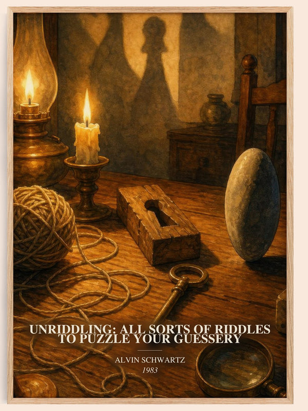Unriddling: All Sorts Of Riddles To Puzzle Your Guessery watercolour book poster by Alvin Schwartz – framed literary art