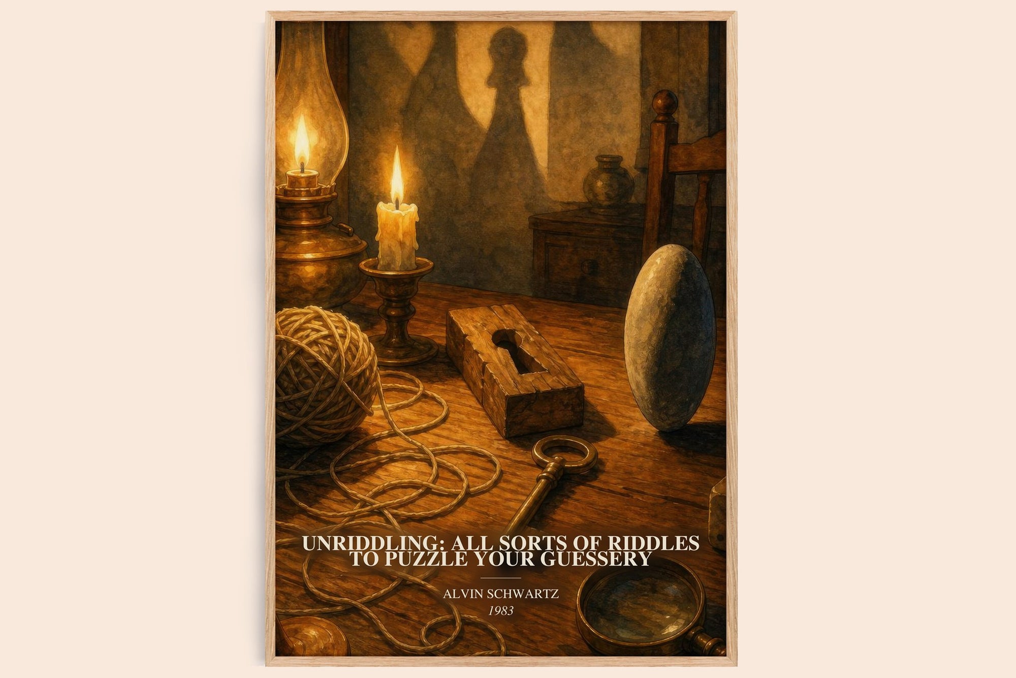 Unriddling: All Sorts Of Riddles To Puzzle Your Guessery watercolour book poster by Alvin Schwartz – framed literary art