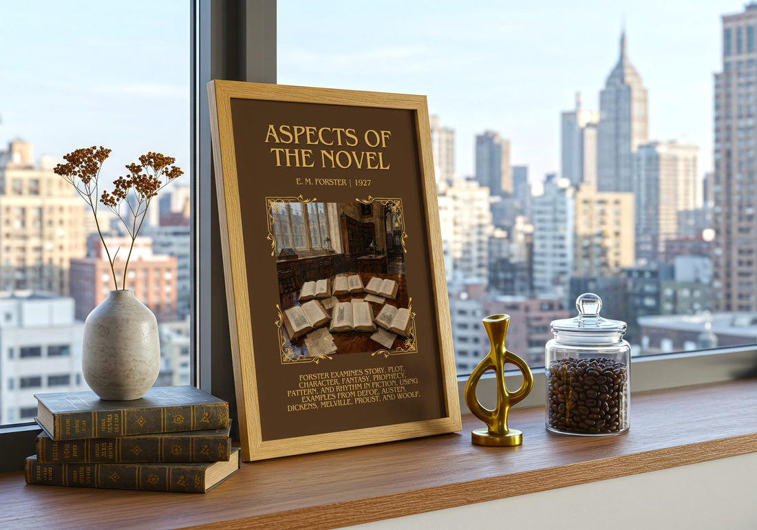 Aspects Of The Novel Minimalist Book Poster by E. M. Forster – framed print on a city-view windowsill
