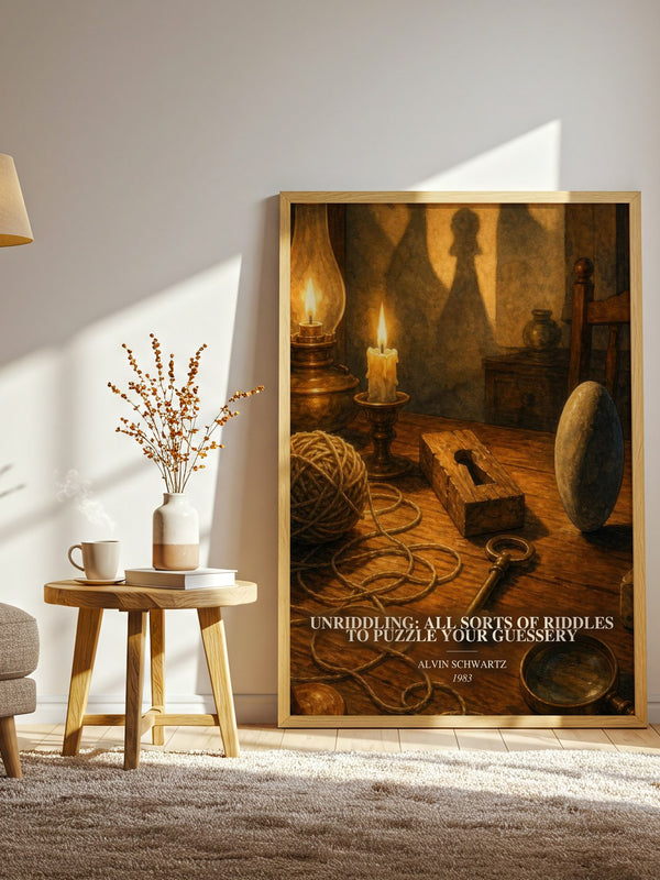 Unriddling: All Sorts Of Riddles To Puzzle Your Guessery watercolour print in frame leaning in hallway – childrens wall art