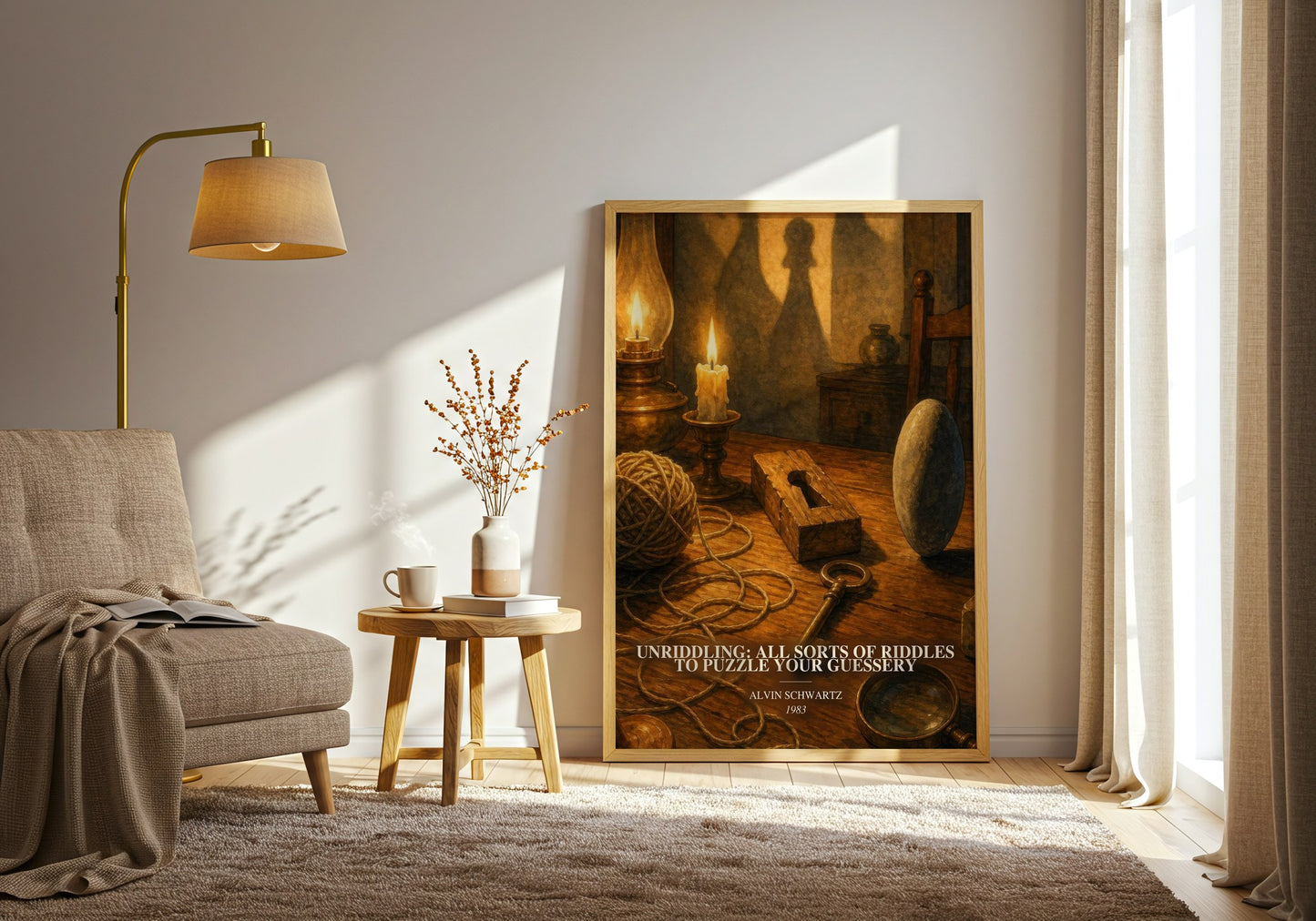 Unriddling: All Sorts Of Riddles To Puzzle Your Guessery watercolour print in frame leaning in hallway – childrens wall art