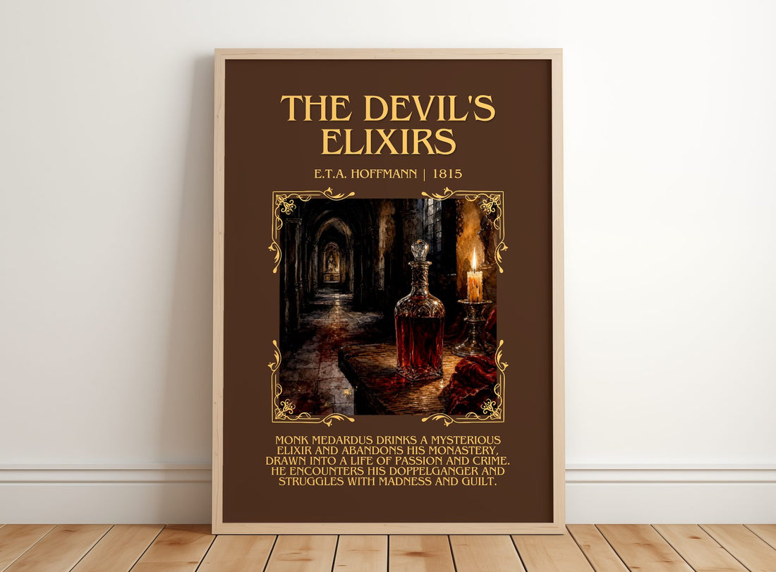 The Devil'S Elixirs Minimalist Book Poster by E.T.A. Hoffmann – framed print leaning on a wooden floor