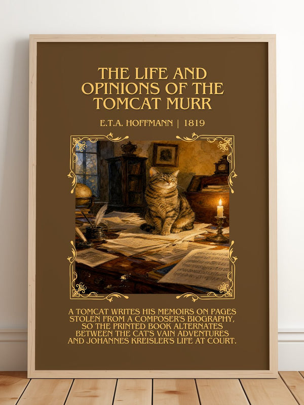 Life And Opinions Of The Tomcat Murr Minimalist Book Poster – framed print leaning on a wooden floor