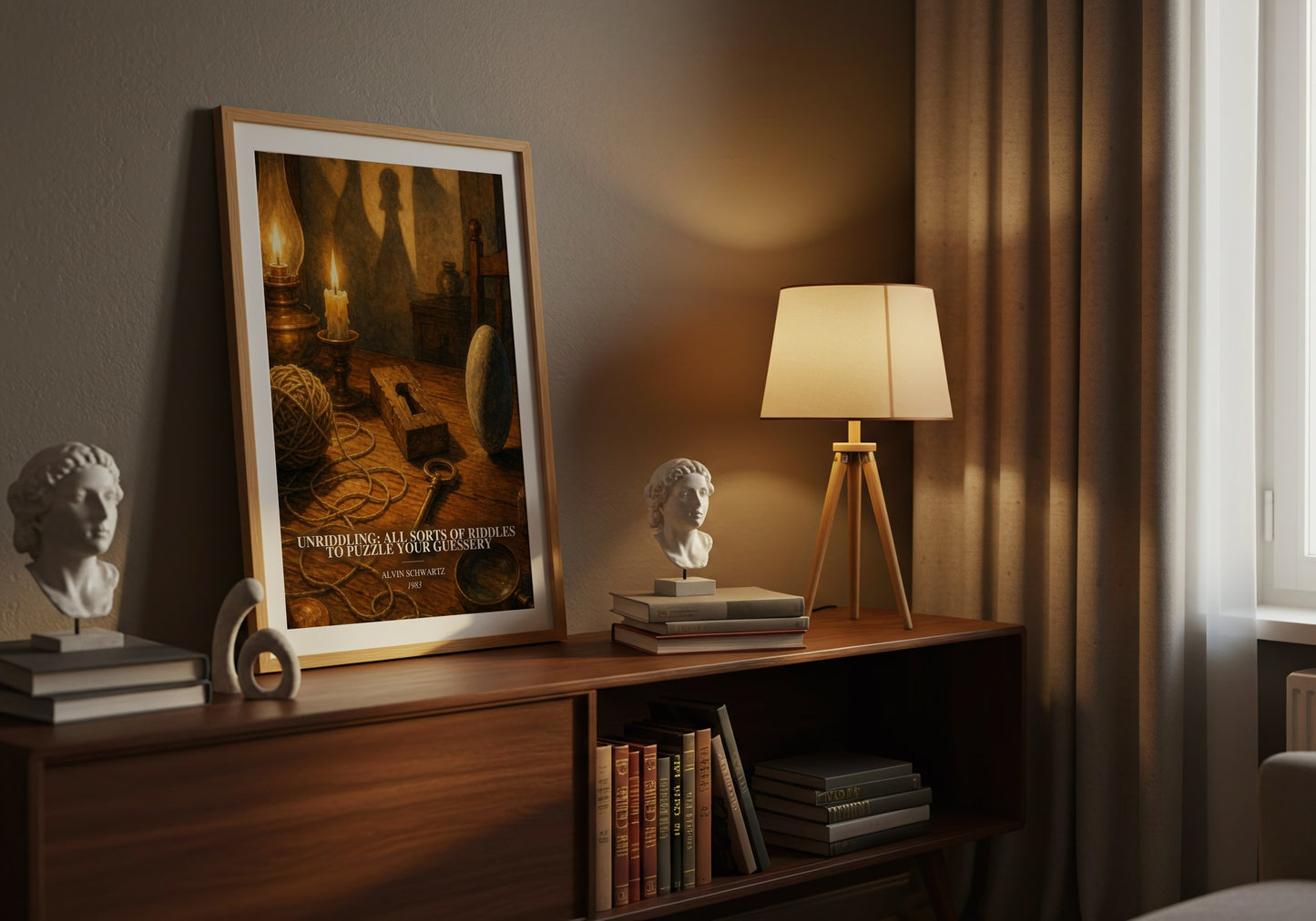 Unriddling: All Sorts Of Riddles To Puzzle Your Guessery watercolour print on bookshelf – Alvin Schwartz fan gift