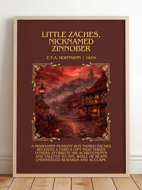 Little Zaches, Nicknamed Zinnober Minimalist Book Poster – framed print leaning on a wooden floor