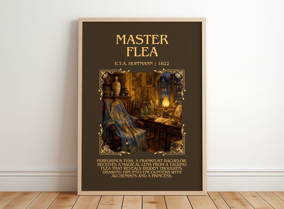 Master Flea Minimalist Book Poster by E.T.A. Hoffmann – framed print leaning on a wooden floor
