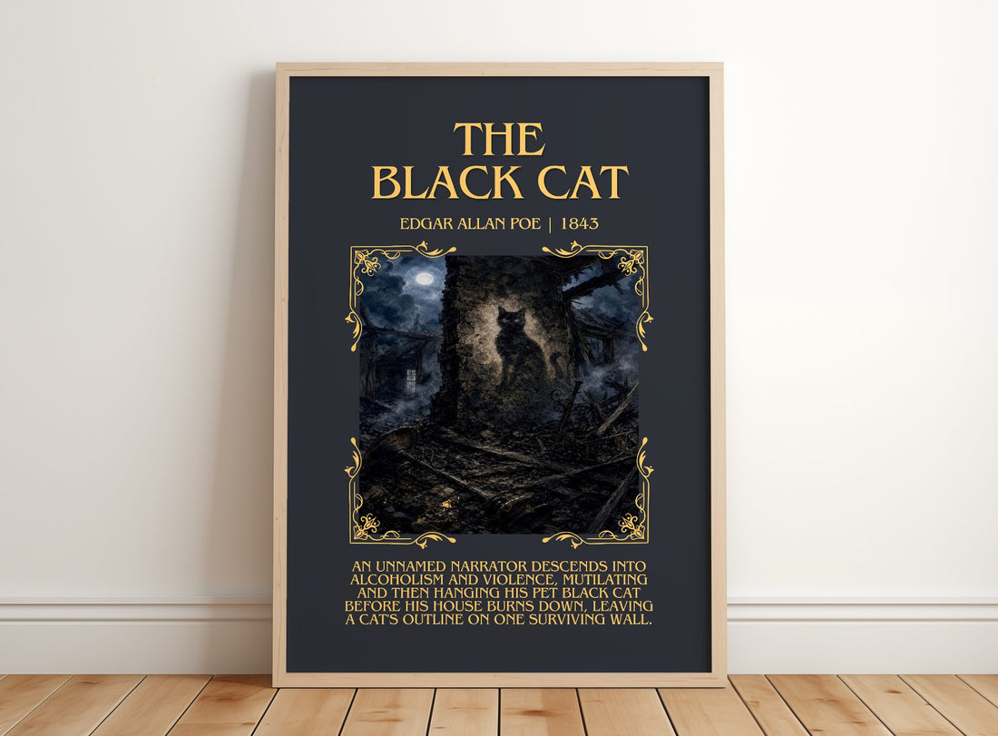 The Black Cat Minimalist Book Poster by Edgar Allan Poe – framed print leaning on a wooden floor