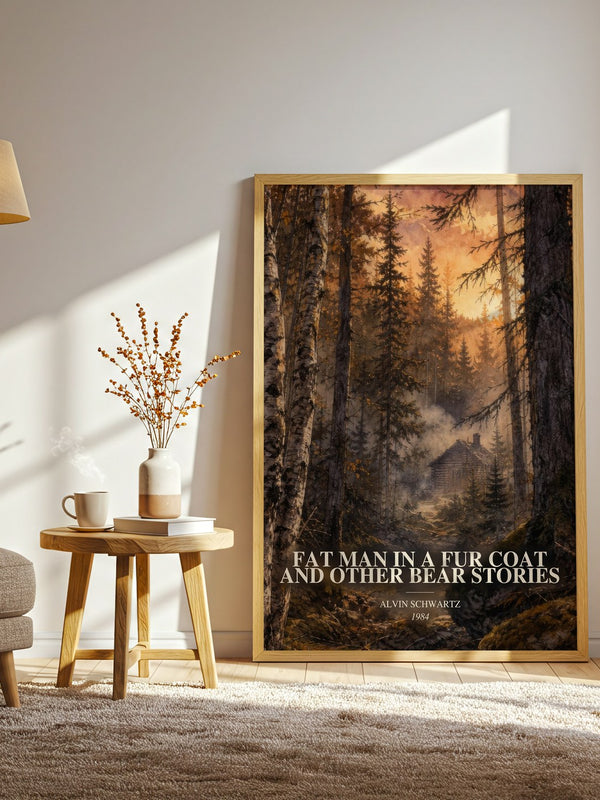 Fat Man In A Fur Coat And Other Bear Stories watercolour print in frame leaning in hallway – childrens wall art