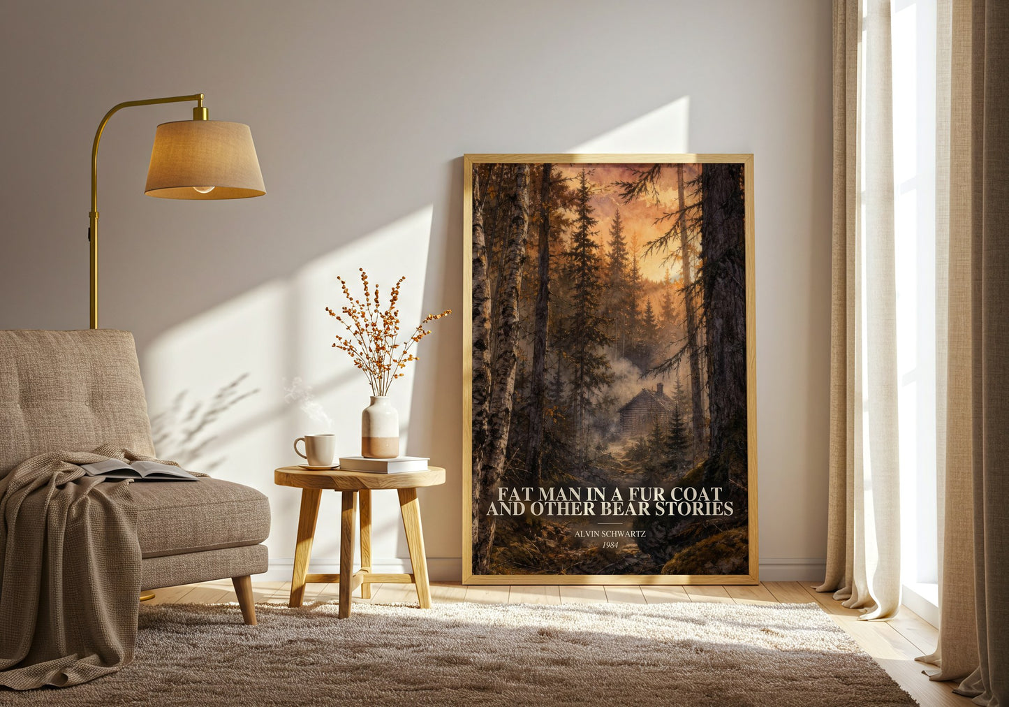 Fat Man In A Fur Coat And Other Bear Stories watercolour print in frame leaning in hallway – childrens wall art
