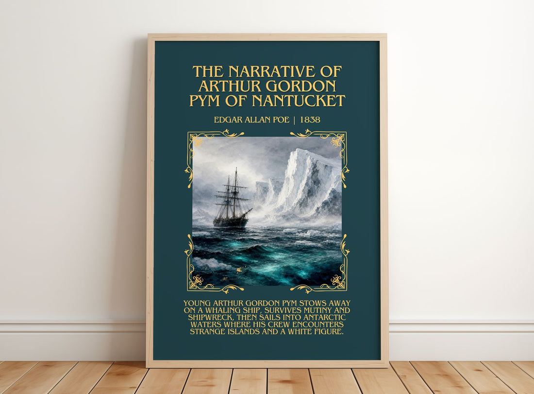 Narrative Of Arthur Gordon Pym Of Nantucket Minimalist Book Poster – – framed print leaning on a wooden floor