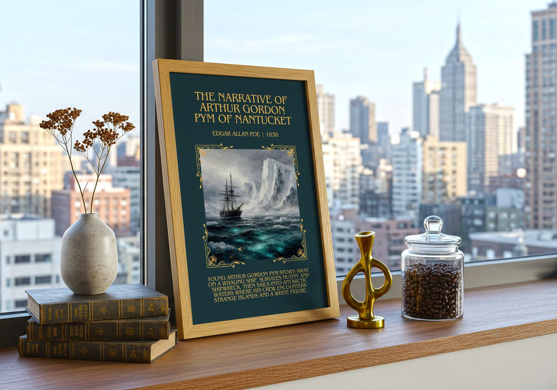 Narrative Of Arthur Gordon Pym Of Nantucket Minimalist Book Poster – – framed print on a city-view windowsill