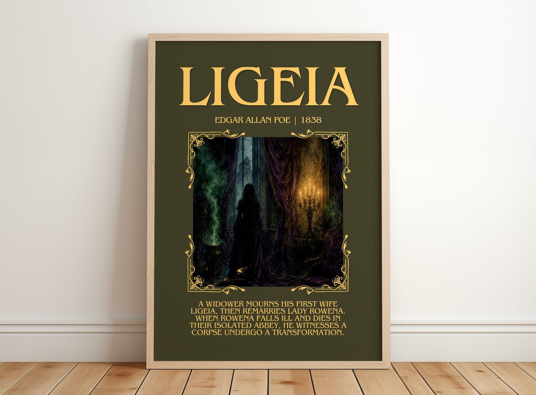 Ligeia Minimalist Book Poster by Edgar Allan Poe – framed print leaning on a wooden floor