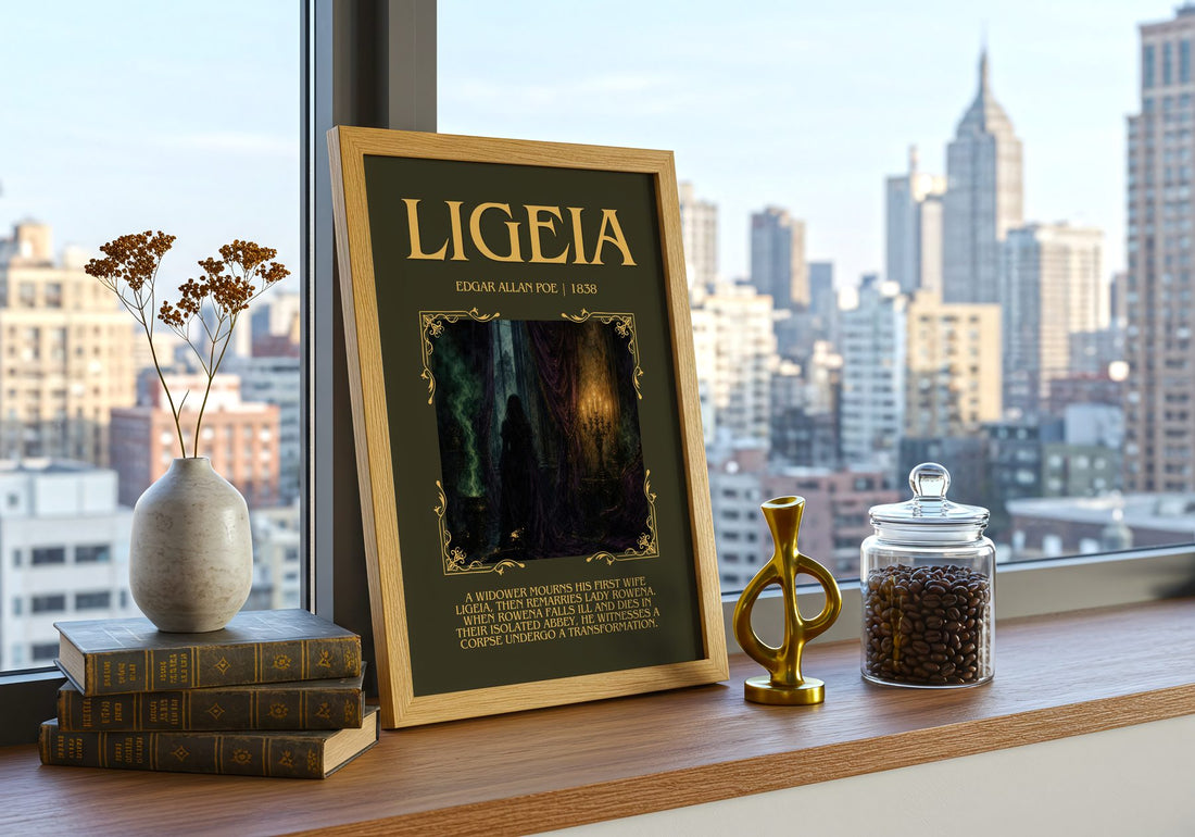 Ligeia Minimalist Book Poster by Edgar Allan Poe – framed print on a city-view windowsill
