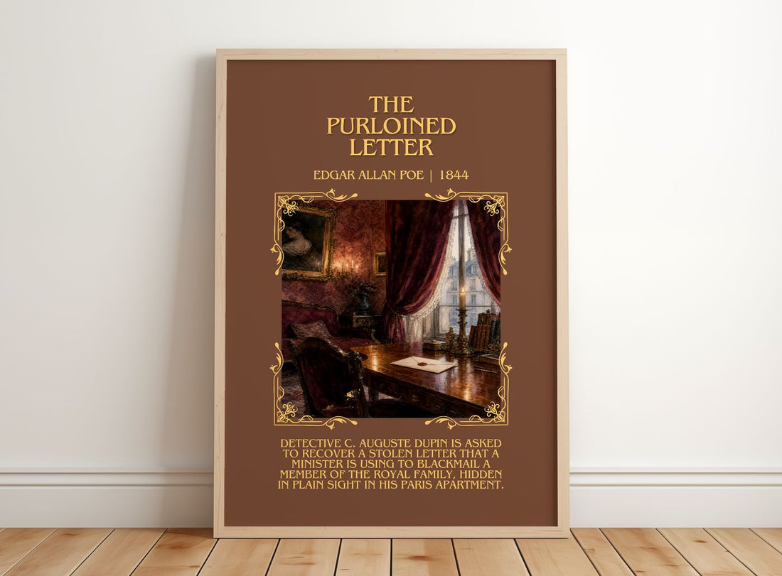 The Purloined Letter Minimalist Book Poster by Edgar Allan Poe – framed print leaning on a wooden floor