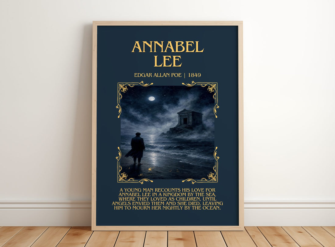 Annabel Lee Minimalist Book Poster by Edgar Allan Poe – framed print leaning on a wooden floor