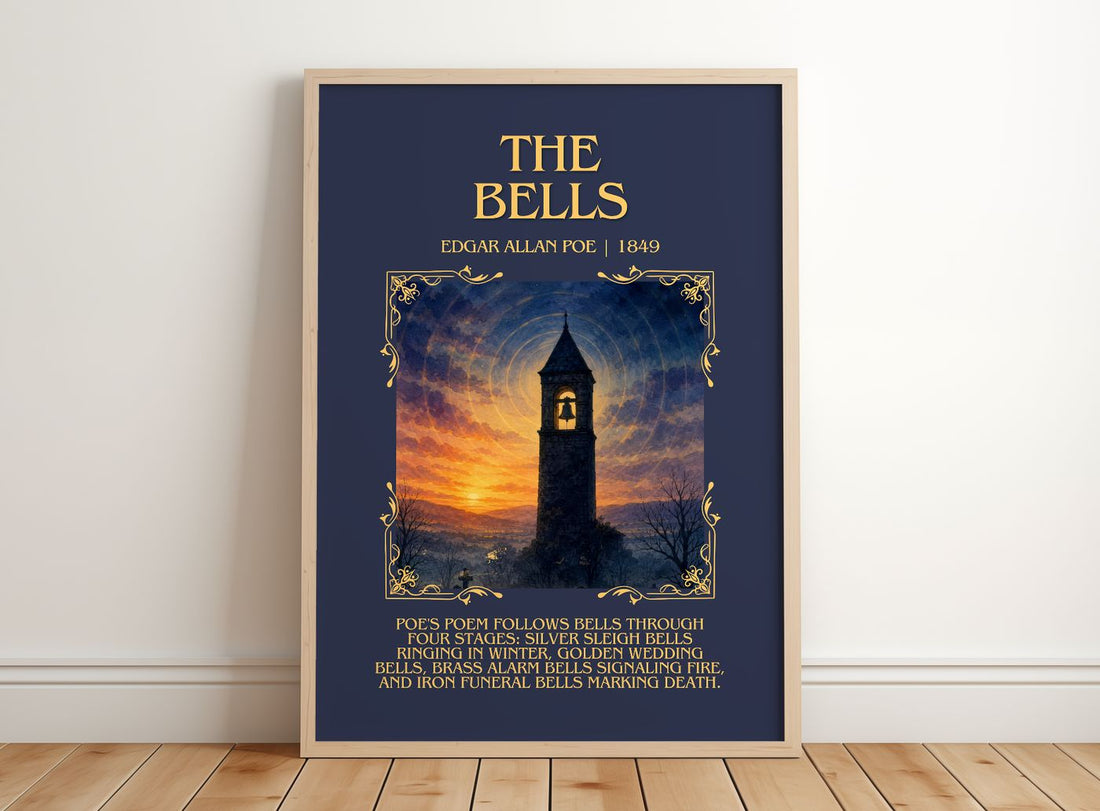 The Bells Minimalist Book Poster by Edgar Allan Poe – framed print leaning on a wooden floor