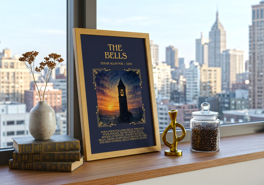 The Bells Minimalist Book Poster by Edgar Allan Poe – framed print on a city-view windowsill