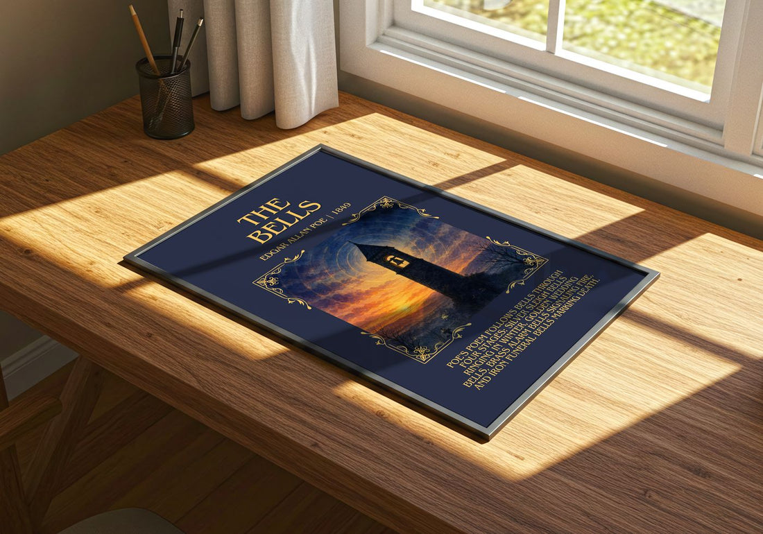 The Bells Minimalist Book Poster by Edgar Allan Poe – print on a sunlit desk