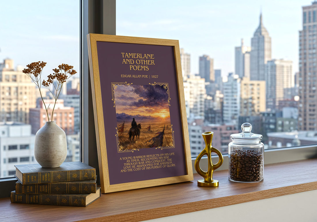 Tamerlane And Other Poems Minimalist Book Poster by Edgar Allan Poe – framed print on a city-view windowsill