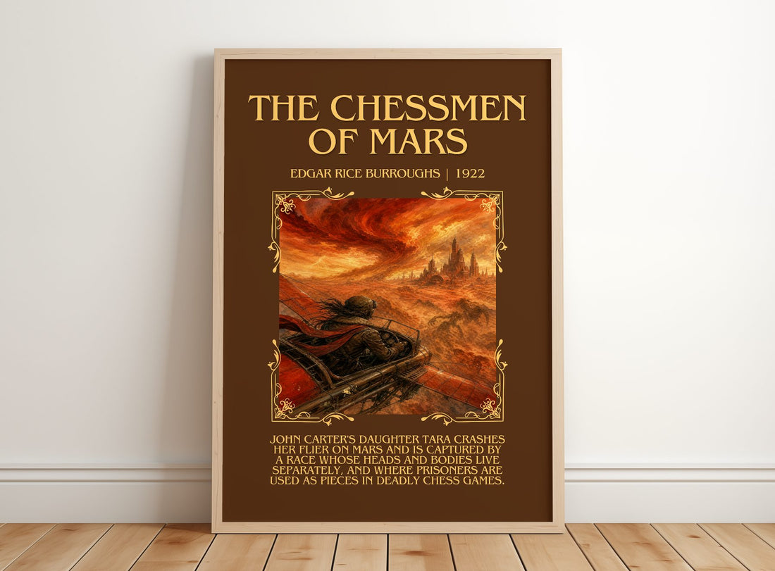 The Chessmen Of Mars Minimalist Book Poster by Edgar Rice Burroughs – framed print leaning on a wooden floor