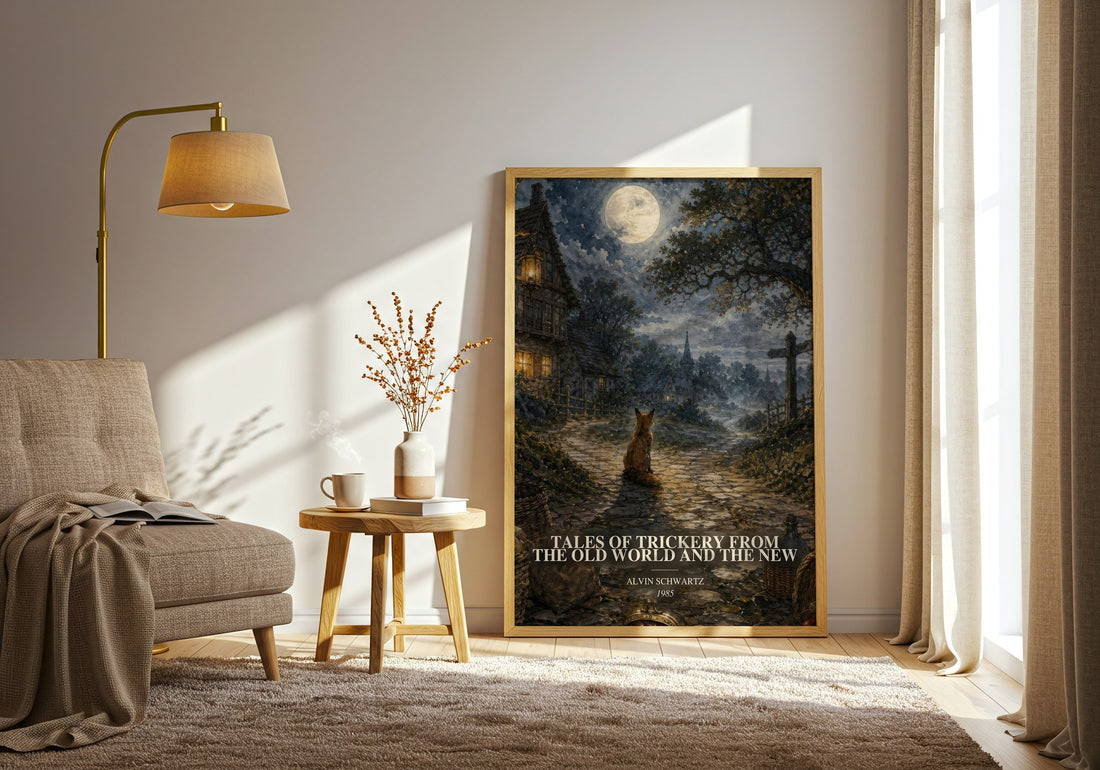 Tales Of Trickery From The Old World And The New watercolour print in frame leaning in hallway – childrens wall art (mockup)