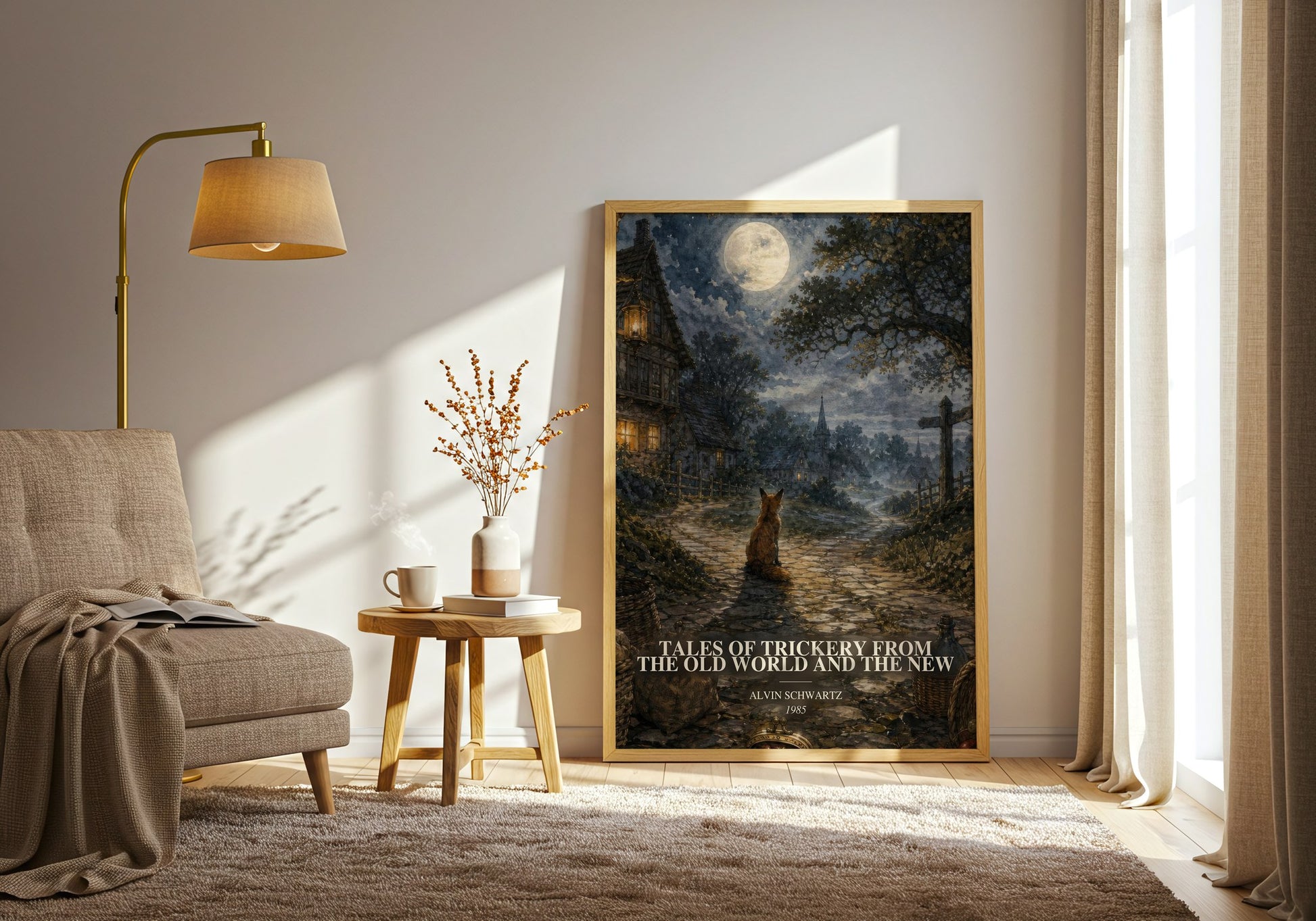 Tales Of Trickery From The Old World And The New watercolour print in frame leaning in hallway – childrens wall art
