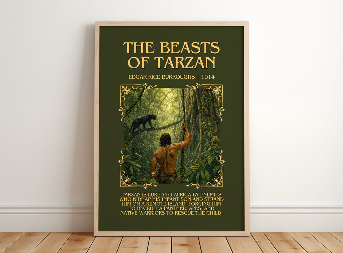 The Beasts Of Tarzan Minimalist Book Poster by Edgar Rice Burroughs – framed print leaning on a wooden floor