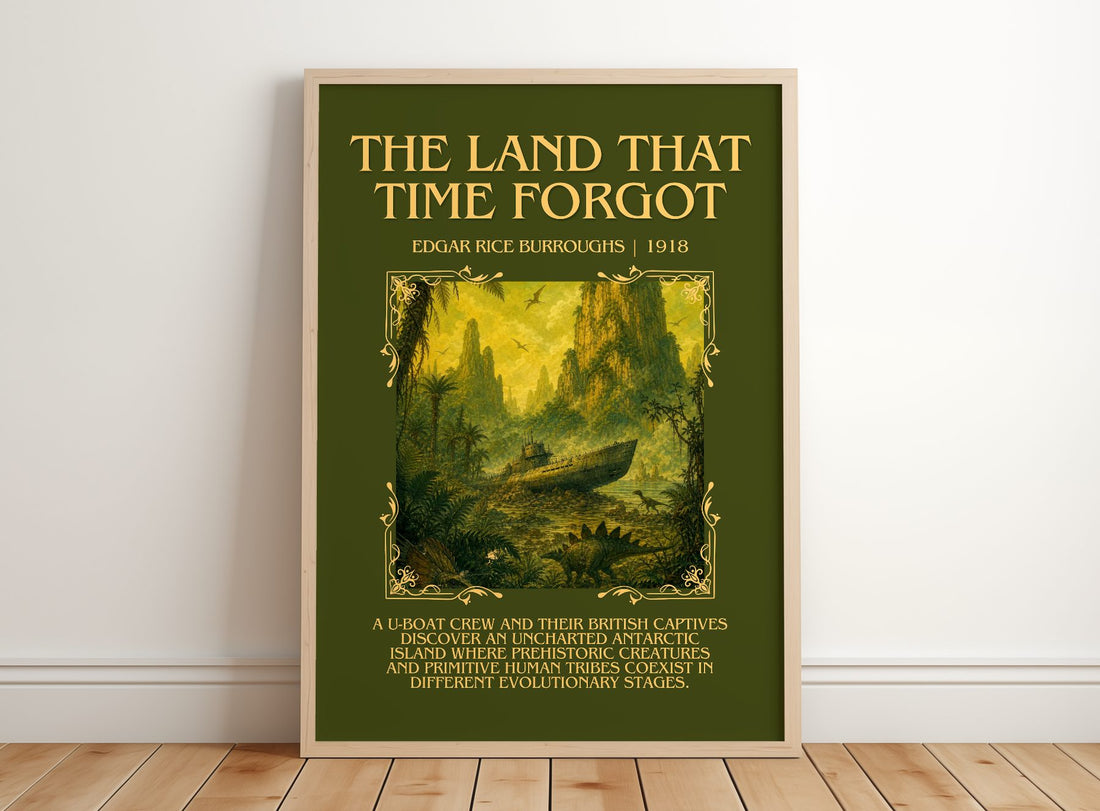 Land That Time Forgot Minimalist Book Poster by Edgar Rice Burroughs – framed print leaning on a wooden floor