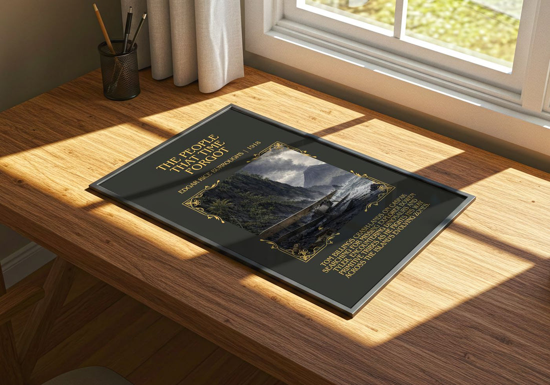 People That Time Forgot Minimalist Book Poster by Edgar Rice Burroughs – print on a sunlit desk