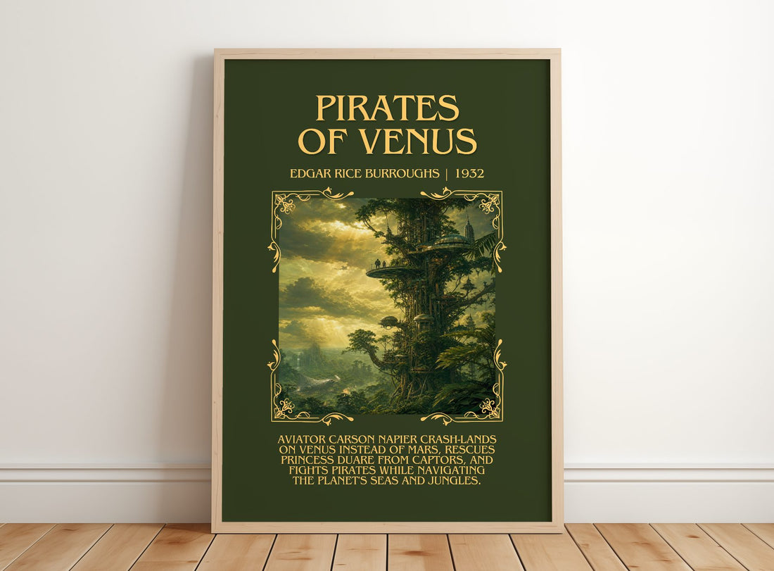 Pirates Of Venus Minimalist Book Poster by Edgar Rice Burroughs – framed print leaning on a wooden floor