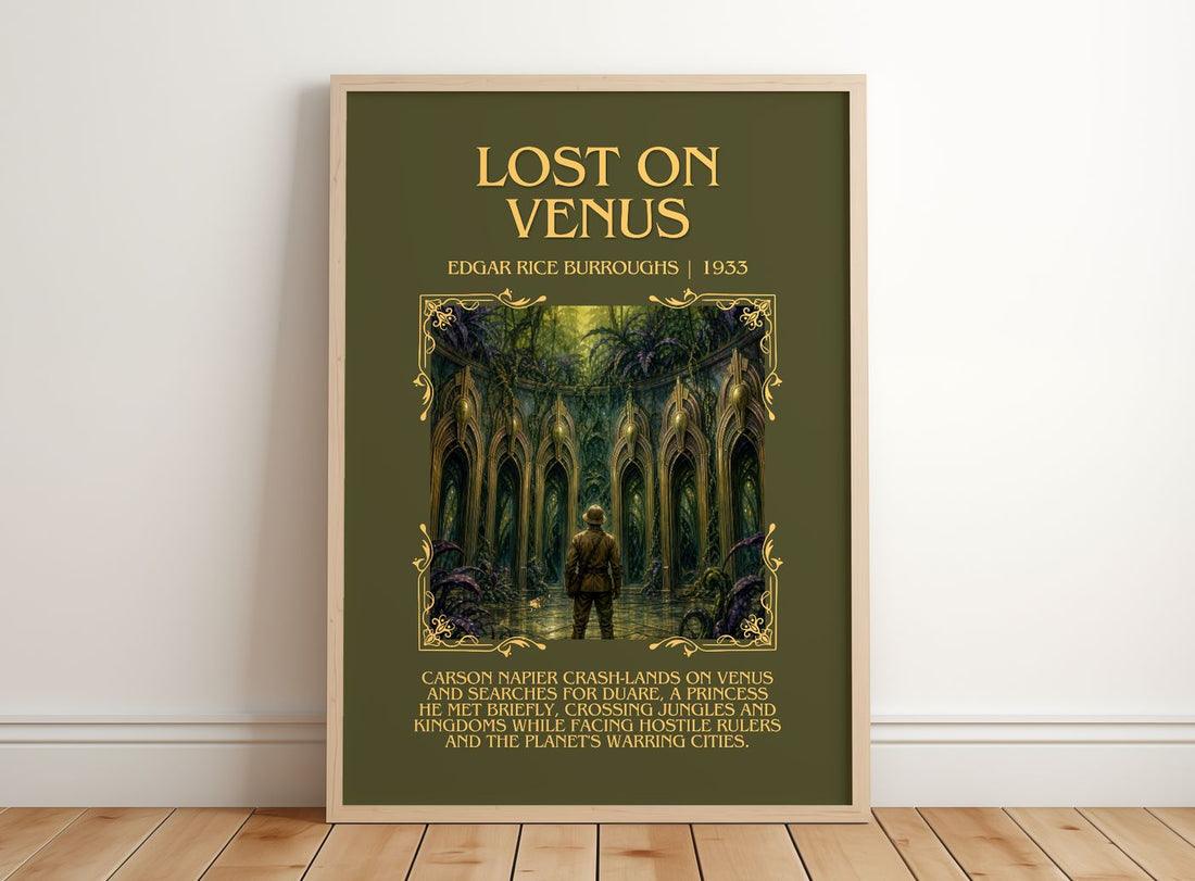 Lost On Venus Minimalist Book Poster by Edgar Rice Burroughs – framed print leaning on a wooden floor