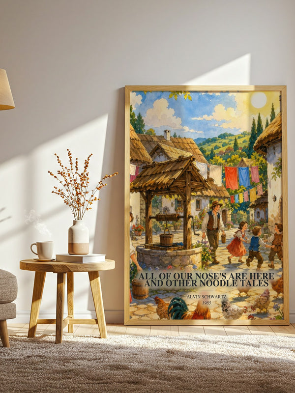 All Of Our Nose'S Are Here And Other Noodle Tales watercolour print in frame leaning in hallway – childrens wall art