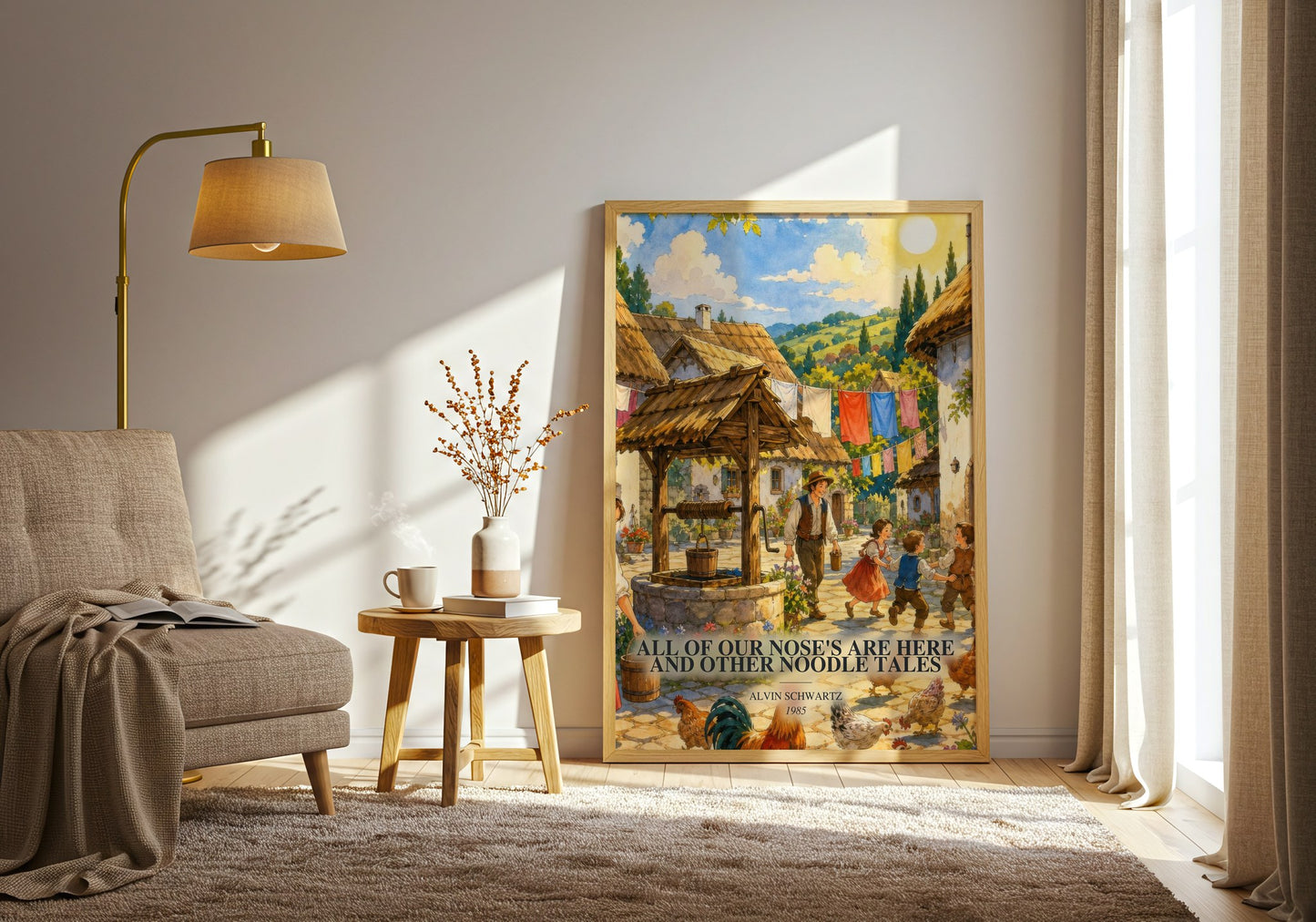 All Of Our Nose'S Are Here And Other Noodle Tales watercolour print in frame leaning in hallway – childrens wall art
