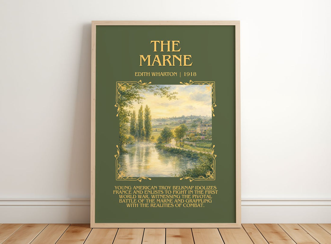The Marne Minimalist Book Poster by Edith Wharton – framed print leaning on a wooden floor