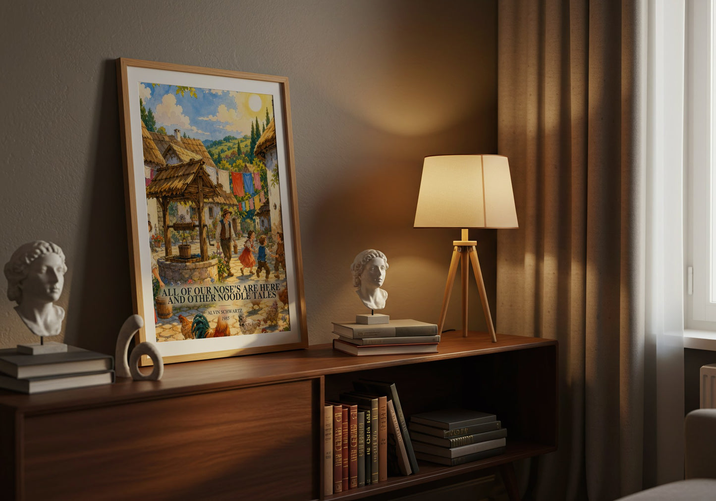 All Of Our Nose'S Are Here And Other Noodle Tales watercolour print on bookshelf – Alvin Schwartz fan gift