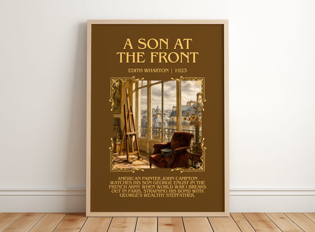 A Son At The Front Minimalist Book Poster by Edith Wharton – framed print leaning on a wooden floor