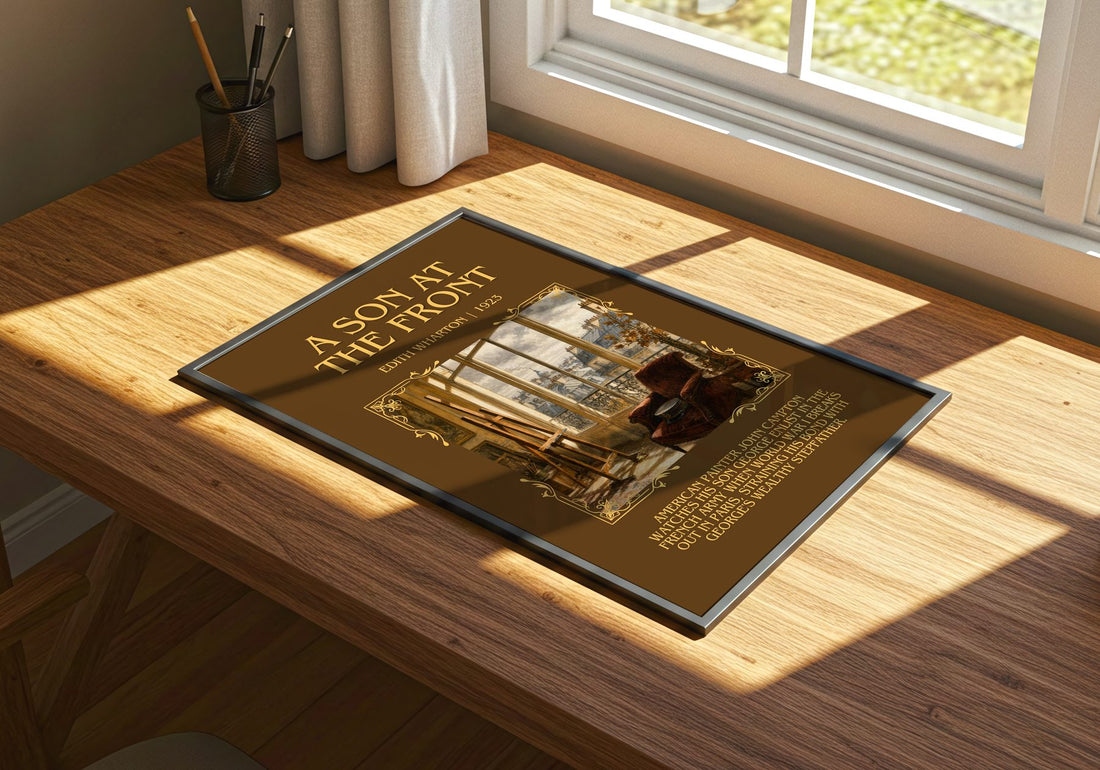A Son At The Front Minimalist Book Poster by Edith Wharton – print on a sunlit desk