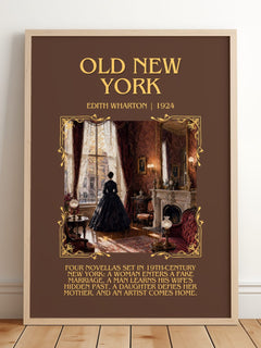 Old New York Minimalist Book Poster by Edith Wharton – framed print leaning on a wooden floor