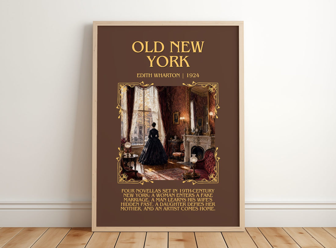 Old New York Minimalist Book Poster by Edith Wharton – framed print leaning on a wooden floor